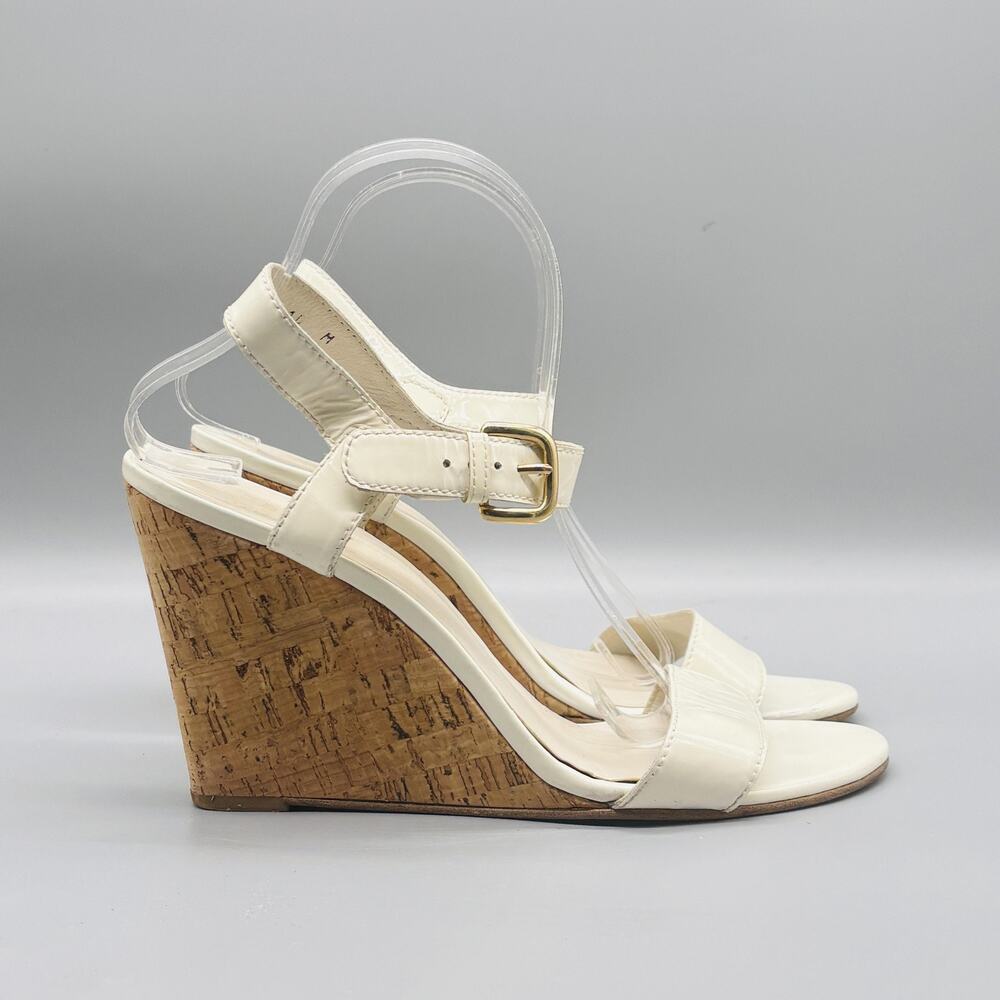 Stuart Weitzman Sandals Womens 10 Leather Cream Cork Wedge Ankle Strap Shoes
